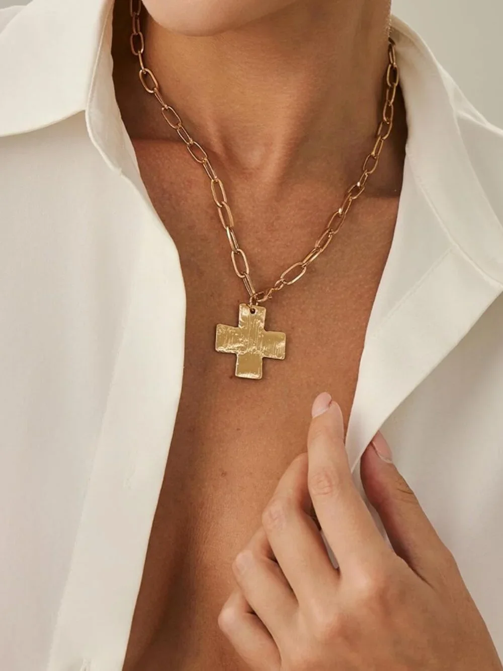 Chunky Gold Cross Necklace for Women, Trendy Layered Pearl Cross Pendant Necklac - Picture 2 of 7
